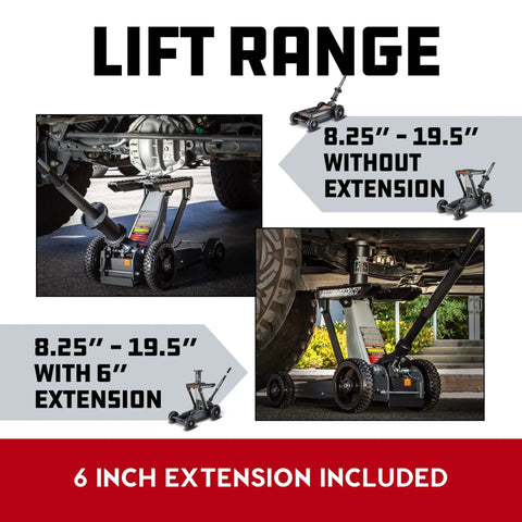 Big Wheel Three In One Garage Jack For Cars Trucks And Motorcycles With One And A Half Ton Capacity And 3000 Pound Lift Off Road Ready With Stable Large Wheels For Easy Maneuvering On Any Surface shown with extension and lift range details