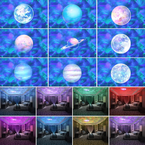 Ocean Wave Projector Night Light With 14 Galaxy Colors And 10 Celestial Modes Including 9 Planets And 1 Star Built In Speaker Remote Control Bedtime Mood Lighting For Bedroom And Kids Room Decor with projected celestial images on rooms.