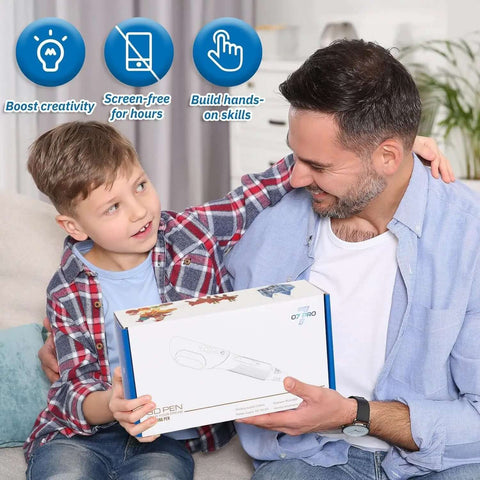 Father and son smiling at each other holding a box of 3D Printing Pen Kit With Adjustable Temperature And Stepless Speed For PLA And ABS Ceramic Nozzle LCD Display Pink Color For Dope Creative Art And DIY Projects