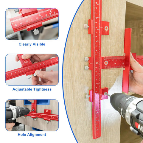 Professional Cabinet Hardware Jig For Handles And Pulls Aluminum Alloy Drilling Template shows adjustable fixture for precise hole alignment.
