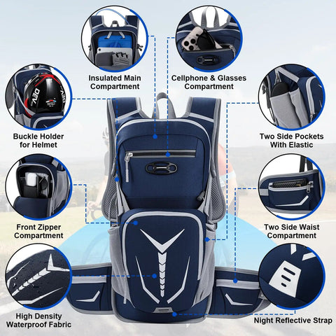 Hydration Backpack With 3L Bladder 18L Leakproof Daypack showing compartments for trail running and outdoor sports