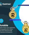 Front view of Full Port Brass Ball Valve with Three Quarter Inch Compression Ends featuring vinyl-coated steel lever, Eastman branding visible.