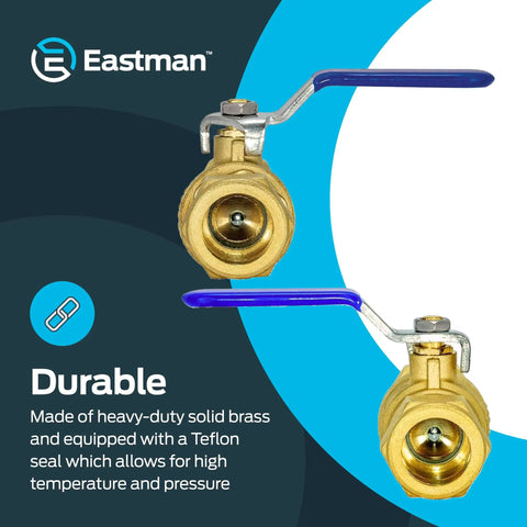 Front view of Full Port Brass Ball Valve with Three Quarter Inch Compression Ends featuring vinyl-coated steel lever, Eastman branding visible.