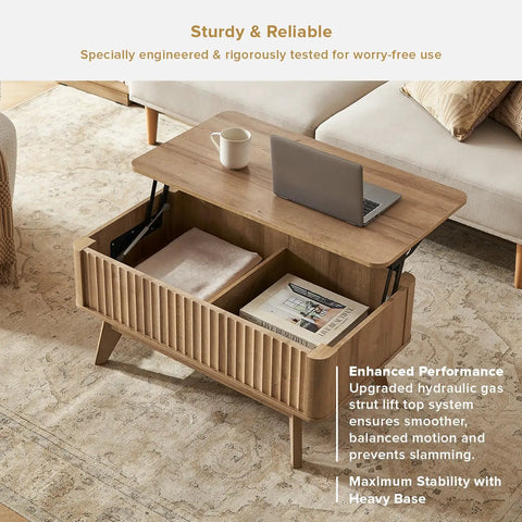 Lift Top Coffee Table With Hidden Storage, Mid Century Modern Farmhouse Design, Fluted Oak Finish Living Room Centerpiece That Hits Different And Keeps Your Layout Totally Clear