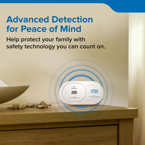 Top Shelf Carbon Monoxide Detector With Ten Year Battery Backup And Loud Eighty Five Decibel Alert For Worry Free Home Safety Monitoring And Quick Low Level Hazard Scan Shield on bedside table.