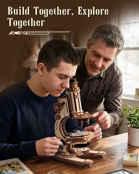 One To One Scale Wooden Puzzle Microscope Kit With 40X To 400X Magnification, Buildable 3D Replica For Adults And Teens, Educational STEM Gift, Great Desk Decor And Learning Display, father and teen building wooden microscope