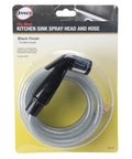 Built Tough Replacement Kitchen Faucet Spray Hose Coupled With 48 Inch Heavy Vinyl Line And Smooth Swivel Joint black handheld sprayer on clear packaging.