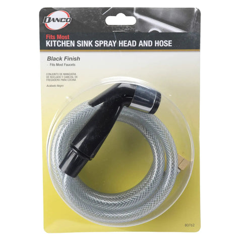 Built Tough Replacement Kitchen Faucet Spray Hose Coupled With 48 Inch Heavy Vinyl Line And Smooth Swivel Joint black handheld sprayer on clear packaging.