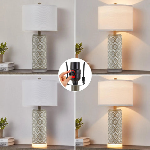 Three Way Touch Control 24 Inch Poly Table Lamp Set Of 2 with USB Ports and AC outlet, farmhouse beige linen shade, dimming levels