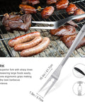 8 Piece BBQ Grill Tools Set With Extra Thick Stainless Steel Fork shown skewer meat on grill; ergonomic, durable design