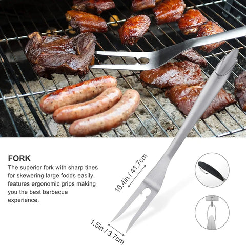 8 Piece BBQ Grill Tools Set With Extra Thick Stainless Steel Fork shown skewer meat on grill; ergonomic, durable design