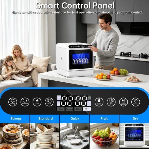 Smart control panel of Sleek Portable Countertop Dishwasher Packed With A Built In Five Liter Water Tank with user settings.
