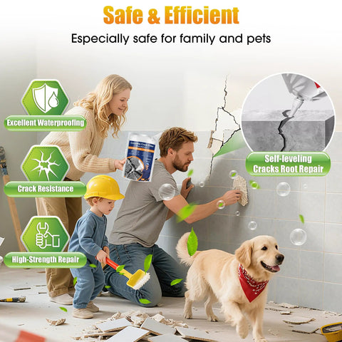 Self Leveling Concrete Crack Filler Quick Cure Cement Sealant For Driveways Patios Easy Fix Gray Waterproof Outdoor Joint Caulk No Sweat Two Pack Heavy Duty Repair Glue used by family for indoor crack repair with child and dog.