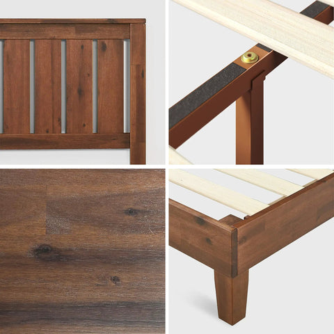 Close-up of King Size Solid Wood Platform Bed Frame with Antique Espresso Finish, showcasing slat support and headboard details.