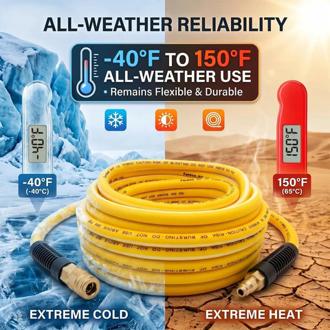 Heavy Duty 3/8 Inch By 25 Ft Hybrid Air Compressor Hose With Kink Resistant Build And Solid Brass Male Fittings For Dead Simple Hook Up And Hella Reliable Shop Performance displayed in extreme temperature conditions.