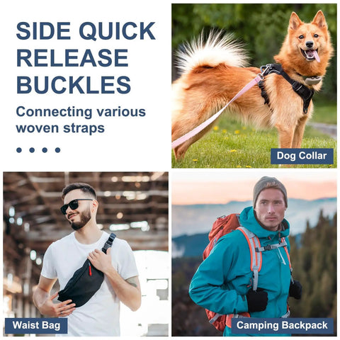 Side quick release buckles connecting woven straps on a dog collar, waist bag, and camping backpack.