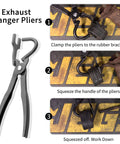 Exhaust Hanger Pliers Tool For Rubber Bracket Removal And Separation with step-by-step usage guide shown in three images.