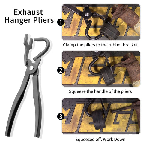 Exhaust Hanger Pliers Tool For Rubber Bracket Removal And Separation with step-by-step usage guide shown in three images.