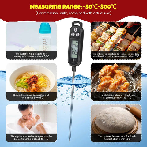 6 Pack Instant Read Meat Thermometer Set With Long 9.65 Inch Probes Digital Waterproof Kitchen Thermometer For BBQ Grilling And Cooking Great For Water Milk Yogurt Candy Quick Accurate Temperature Read User Friendly showing probe and uses