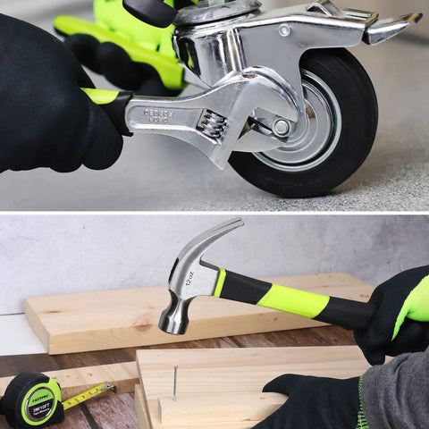220-Piece Home Tool Set For DIYers And Weekend Warriors showing adjustable wrench on caster and hammer with tape measure on wood