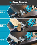 SEESII cordless reciprocating saw with 6 blades; teal body shown cutting metal, wood, and plastic.