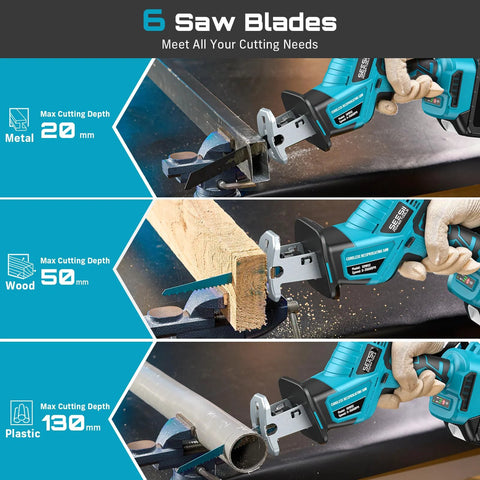 SEESII cordless reciprocating saw with 6 blades; teal body shown cutting metal, wood, and plastic.