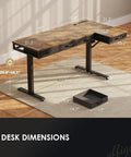 63 Inch L Shaped Electric Standing Desk With Four Fabric Drawers For Home Office Corner Setup Provides Extra Storage And Power Outlets Height Adjustable Sit Stand Table In Rustic Brown shown with dimensions.