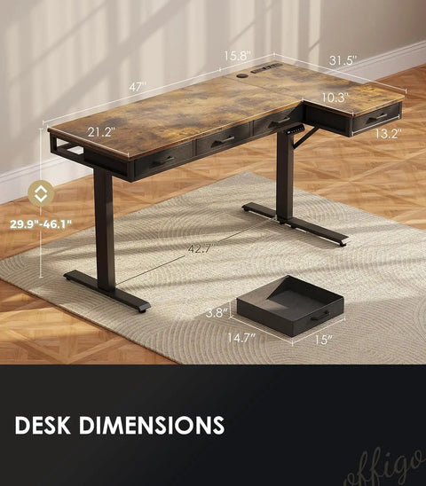 63 Inch L Shaped Electric Standing Desk With Four Fabric Drawers For Home Office Corner Setup Provides Extra Storage And Power Outlets Height Adjustable Sit Stand Table In Rustic Brown shown with dimensions.