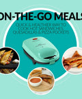 Chill Mint Green MyMini Personal Sandwich Maker Panini Press with hot quesadillas and pizza pockets on display.