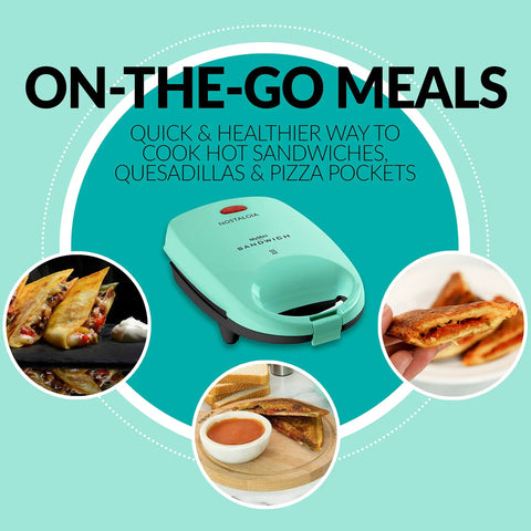 Chill Mint Green MyMini Personal Sandwich Maker Panini Press with hot quesadillas and pizza pockets on display.