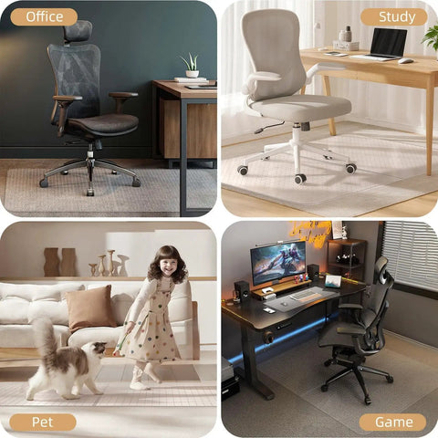 Four setups using the Foldable 36 By 48 Inch Chair Mat For Carpeted Floors; includes office, study, pet area, and gaming rig.