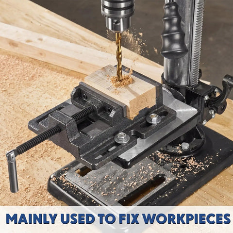 4 Inch Heavy Duty Vise for Drill Press holding wood block, cast iron construction, ideal for shop projects, filing, sanding.