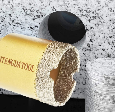 Close-up of Dry And Wet Diamond Hole Saw Set showing vacuum-brazed edge and granite surface, part of 5-piece kit.