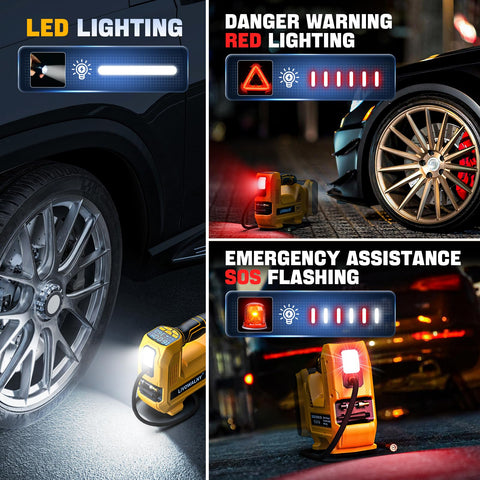 Cordless Tire Inflator With Digital Pressure Gauge, 160 PSI Portable Handheld Air Pump For On The Go Inflation, Works With Dewalt 20V Batteries, demonstrating LED lighting and emergency SOS features