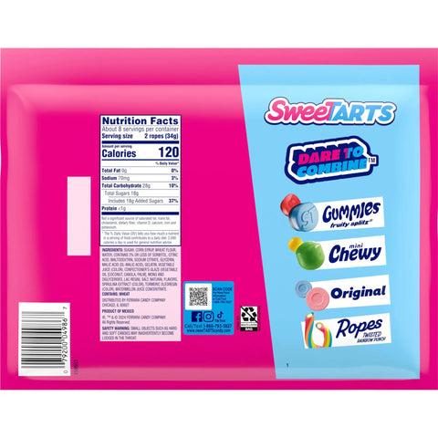 Back packaging of Watermelon Berry Collision Ropes Candy Soft And Chewy 9 Oz Bag with nutrition facts and product info.