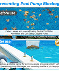 Pool Skimmer Guard Kit With Leaf Shield Net preventing leaves and debris in pool before and after installation comparison.