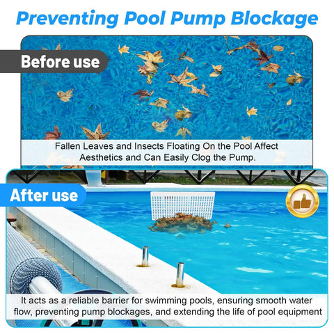 Pool Skimmer Guard Kit With Leaf Shield Net preventing leaves and debris in pool before and after installation comparison.