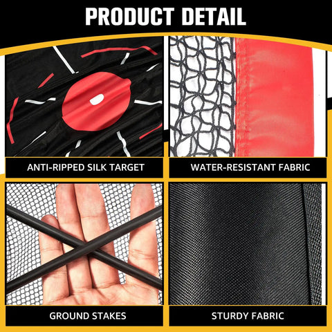 Product details showing All In One Golf Hitting Net For Backyard And Indoor And Outdoor Use with durable 7 ply netting.