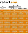 Diagram showing sizes and specifications of the 16 Size Black Aluminum Blind Rivet Kit with Stainless Steel Washers, pack of 120.