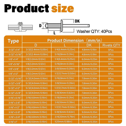 Diagram showing sizes and specifications of the 16 Size Black Aluminum Blind Rivet Kit with Stainless Steel Washers, pack of 120.