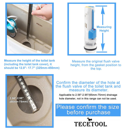 Diagram showing measuring methods for 2 Inch Dual Flush Toilet Valve Repair Kit For Two Piece Toilets with size instructions.