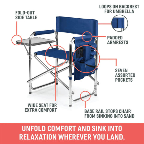 Director Style Outdoor Chair With Side Table And Armrest Caddy, Lightweight Aluminum Folding Camping Chair For Adults, side view showing features