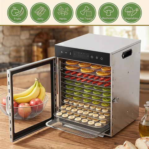 Top Tier Electric Food Dehydrator With 12 Heavy Duty Stainless Steel Trays and Advanced Dual Fan Heating System showing fruits and vegetables in trays.