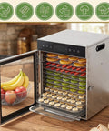 Ultimate Kitchen Workhorse 12 Tray Electric Food Dehydrator With 1000 Watt Dual Fan System And Stainless Steel Build with fruits and veggies.