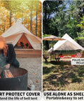 Heavy Duty Waterproof Rain Fly For Bell Tent Yurt Shelter, Fresh Beige Oxford Weave, outdoor setup with fire pit.