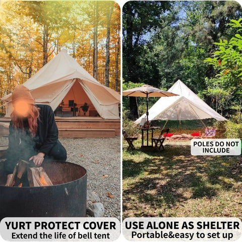 Heavy Duty Waterproof Rain Fly For Bell Tent Yurt Shelter, Fresh Beige Oxford Weave, outdoor setup with fire pit.