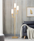 Three Light Torchiere Floor Lamp With White Fabric Shade And Brass Finish, Classic Geometric Metal Base For Living Room Or Office