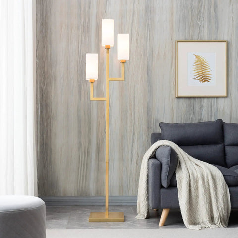Three Light Torchiere Floor Lamp With White Fabric Shade And Brass Finish, Classic Geometric Metal Base For Living Room Or Office