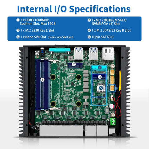Internal components of Silent Fanless Mini PC Powered By Core I3 8130U Processor showcasing various slots and ports.
