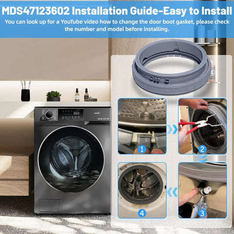 Front Load Washer Door Boot Gasket Replacement For Leaks And Odors installation steps and product image